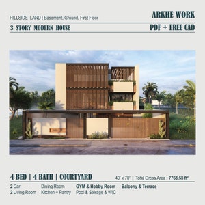 4-Bedroom 4-Bath, 3-Story Modern House with Courtyard, Pool, Hobby Room, GYM and 2 Car Garage Perfect Family Home Blueprint PDF-CAD Imperial