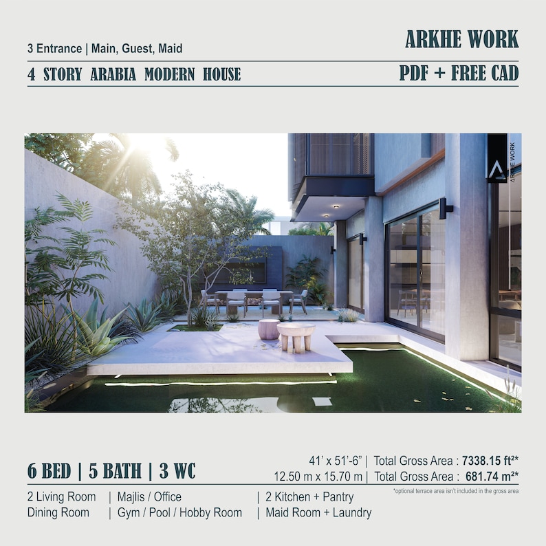 Puede incluir: Una representaci&oacute;n de una casa moderna con un patio que incluye una peque&ntilde;a piscina y una zona de estar. El texto en la imagen dice "6 BED | 5 BATH | 3 WC", "41' x 51'-6" | Total Gross Area: 7338.15 ft&sup2;*" y "12.50 m x 15.70 m | Total Gross Area: 681.74 m&sup2;*"