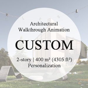 Puede incluir: Un círculo blanco con el texto "Architectural Walkthrough Animation CUSTOM 2-story | 400 m² (4305 ft²) Personalization" sobre un fondo borroso de una casa y árboles.