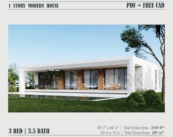Casa familiar moderna de 1 piso / Planta abierta / 3 habitaciones, 3 baños / Plano PDF-AUTOCAD (unidades métricas e imperiales / Garaje para 2 autos / Vida cómoda