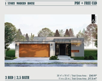 1 Story Modern Family American House, 2 Car Garage, 3 Bedroom 2 Bathroom, Open Plan,Comfort Living,  Blueprint PDF-CAD FILE(Metric-Imperial)