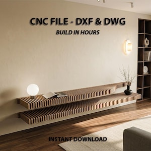 Puede incluir: Dos estantes flotantes de madera con diseño de listones están montados en una pared beige. Una pequeña lámpara de globo blanca y un libro están en el estante superior. El texto "CNC FILE - DXF & DWG BUILD IN HOURS" está encima de los estantes, y "INSTANT DOWNLOAD" debajo.