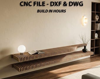 Mueble de TV flotante con estante de pared, archivos para fresadora CNC, DXF, DWG, muebles de madera paramétricos, descarga digital, montaje sin herramientas.