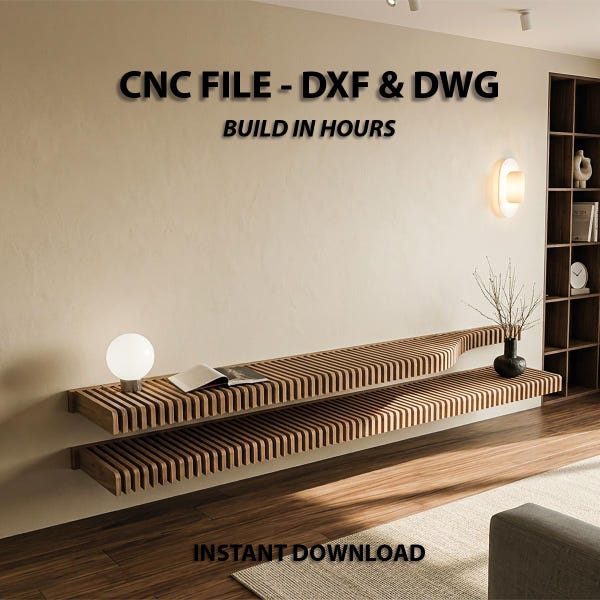 Floating TV Unit Wall Mounted Shelf CNC Router Files, DXf DWg, Parametric Wood Furniture Digital Download, Tool-Free Assembly