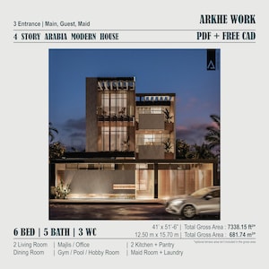Puede incluir: Una representaci&oacute;n de una casa moderna de cuatro pisos con un techo plano y grandes ventanas. La casa est&aacute; ubicada contra un cielo crepuscular con palmeras en el fondo. El texto "ARKHE WORK" se muestra en la esquina superior derecha de la imagen. El texto "6 BED | 5 BATH | 3 WC" se muestra en la esquina inferior izquierda de la imagen. El texto "41' x 51'-6" | Total Gross Area: 7338.15 ft&sup2;*" se muestra en la esquina inferior derecha de la imagen.
