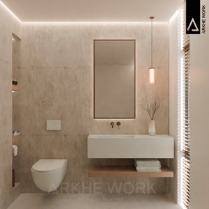 Könnte beinhalten: Ein modernes Badezimmer mit einer weißen Toilette, einem weißen Waschbecken mit einem Holzregal darunter, einem Spiegel und einer Pendelleuchte. Die Wände sind in einem hellen Beige gehalten.