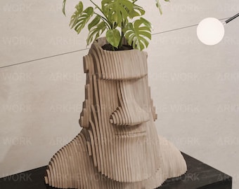 Jarrón Moai de madera paramétrico l Archivo de corte CNC de arte paramétrico l Decoración paramétrica l Escultura de cabeza Moai l Arte de estatua l Modelo de dibujo CNC