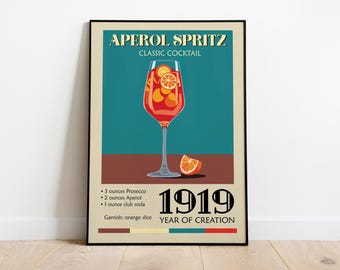 Plakat z przepisem na koktajl Aperol Spritz – wydruk artystyczny z połowy XX wieku