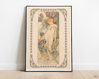 Póster Art Nouveau de flores de iris: Grabado de Alphonse Mucha