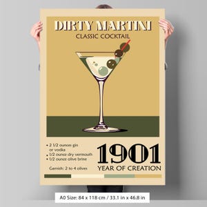 Póster vintage de cóctel Dirty Martini: estilo moderno con receta. Póster en papel mate y semibrillante con calidad de museo.