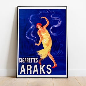 May include: A vintage poster advertising "Cigarettes Araks" featuring a woman in a yellow dress dancing against a blue background with smoke trails.