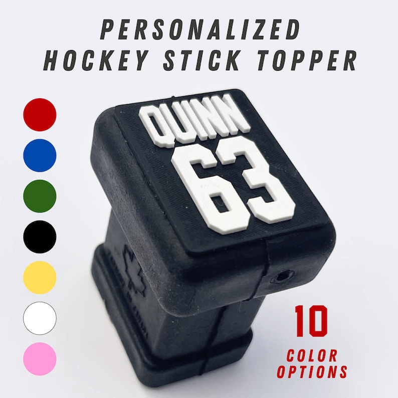 Custom 3D printed hockey stick end cap topper personalized with name and number, shown on white background with hockey stick graphic.