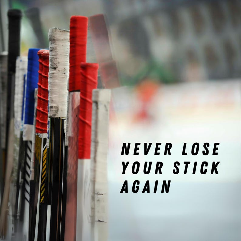 ow of hockey sticks with personalized toppers, showing how custom end caps help players never lose or mix up their sticks.
