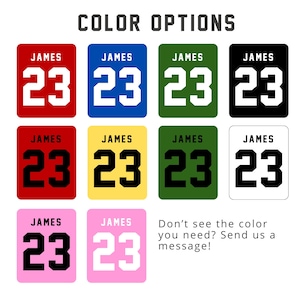 Hockey stick topper customization chart showing multiple color options for names and numbers, personalized hockey gear accessory.