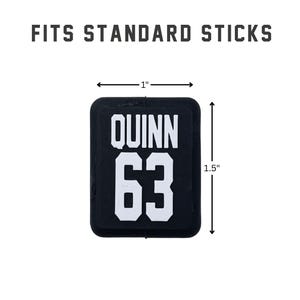 Easy to attach hockey stick end cap topper with labeled parts, personalized top and standard rubber cap for most hockey sticks.