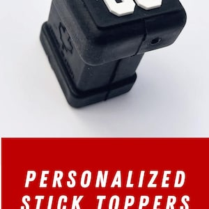 Custom 3D printed hockey stick end cap topper personalized with name and number, shown on white background with hockey stick graphic.