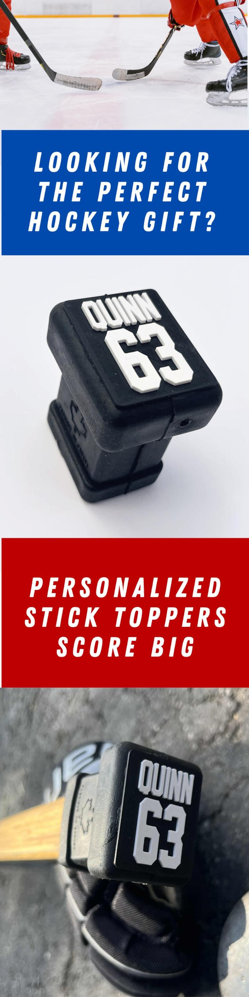 Custom 3D printed hockey stick end cap topper personalized with name and number, shown on white background with hockey stick graphic.