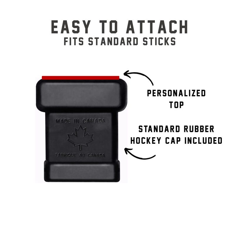 Easy to attach hockey stick end cap topper with labeled parts, personalized top and standard rubber cap for most hockey sticks.