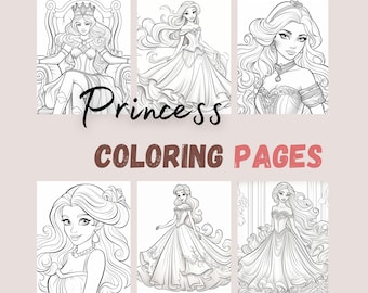 Enchanting Princesses Coloring Pages/Kids/Girls/PDF/Printable/Princess Birthday Party/Magical Pages/Crowns/Dresses/Cute Princess/Love