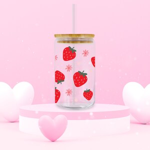 Strawberry Flower Glass Can Tumbler, Strawberries Iced Coffee Tumbler, Retro Strawberry Glass Can Tumbler