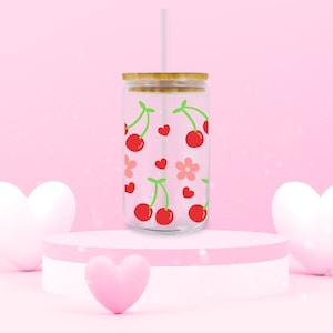 Cherries Glass Can Tumbler, Cherries Iced Coffee Tumbler, Retro Cherry Glass Can Tumbler