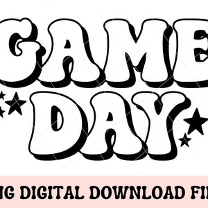 Op de afbeelding: Zwart-wit grafisch ontwerp met de tekst "GAME DAY" in een retro-stijl met sterren.
