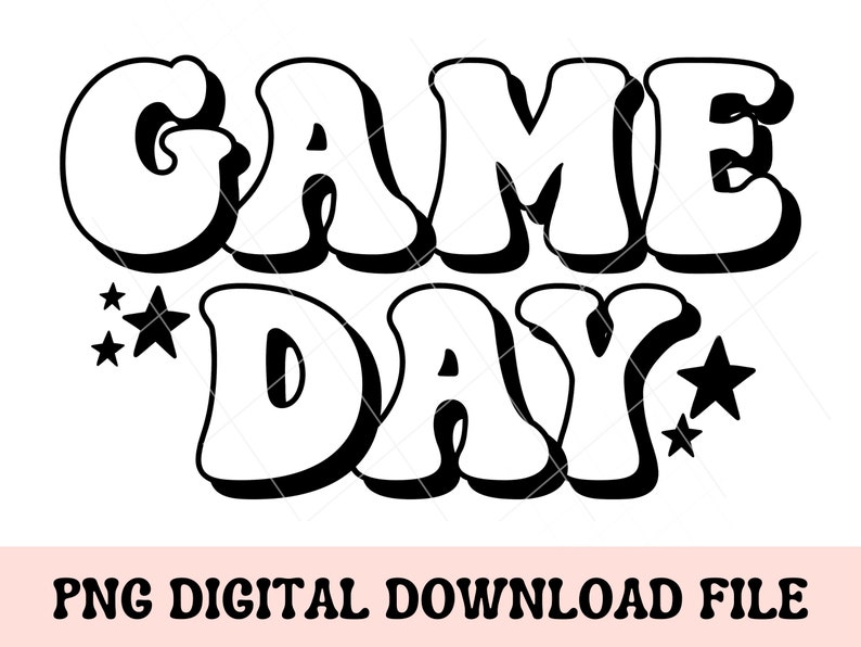 Op de afbeelding: Zwart-wit grafisch ontwerp met de tekst "GAME DAY" in een retro-stijl met sterren.