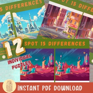 Op de afbeelding: Een set van 12 printbare 'zoek de verschillen'-puzzels. Elke puzzel bevat twee kleurrijke cartoonafbeeldingen met 15 verschillen om te vinden. De afbeeldingen omvatten een futuristische stad, een ruimtescène en een straat in de stad.