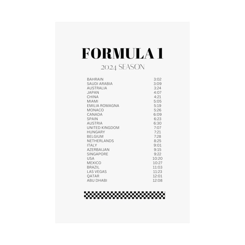F1 Calendar Season 2024 Wall Art Canvas or Poster or Digital Print File