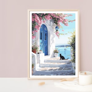 Impression de porte de Santorin, oeuvre d'art de Santorin, affiche grecque, bâtiments blancs, chat méditerranéen, impression de chat, fleurs roses, impression d'océan, art de la Grèce