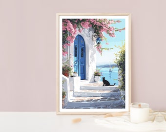 Santorini Door Print, Santorini Artwork, Greek Poster, White Buildings, Mediterranean Cat, Cat Print, Pink Flowers, Ocean Print, Greece Art