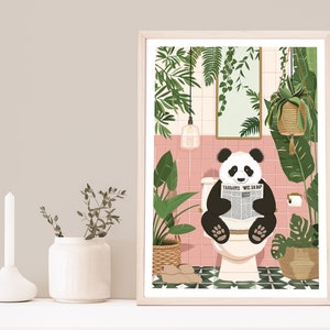 Imprimé panda, oeuvre d'art pour salle de bain, affiche botanique, art animalier, impression éclectique, relaxant, rose, plantes vertes, photo de salle de bain, thème animalier