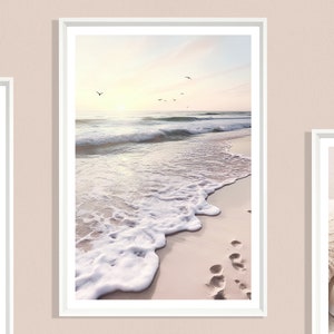 Beach Sunrise Print (P), Sunset Poster, View from Beach, Coastal Print, Horizon, Nature, Tide, Birds, Calm, Beige, Golden, Pink, Sand, Shore