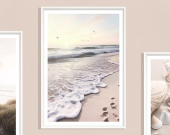 Beach Sunrise Print (P), Sunset Poster, View from Beach, Coastal Print, Horizon, Nature, Tide, Birds, Calm, Beige, Golden, Pink, Sand, Shore