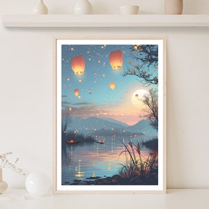 Wish Lanterns Print, Lanterns Picture, Lanterns Poster, Floating Lights Picture, Lights at Night, Moon Print, Night Sky Picture, Reflections