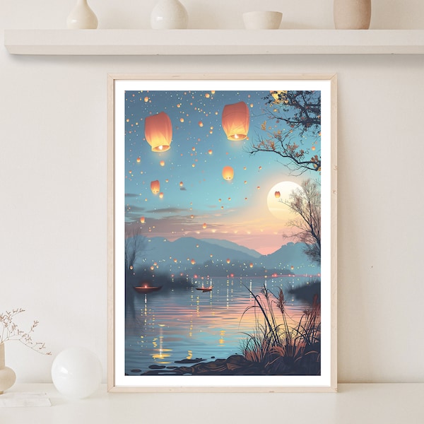 Wish Lanterns Print, Lanterns Picture, Lanterns Poster, Floating Lights Picture, Lights at Night, Moon Print, Night Sky Picture, Reflections