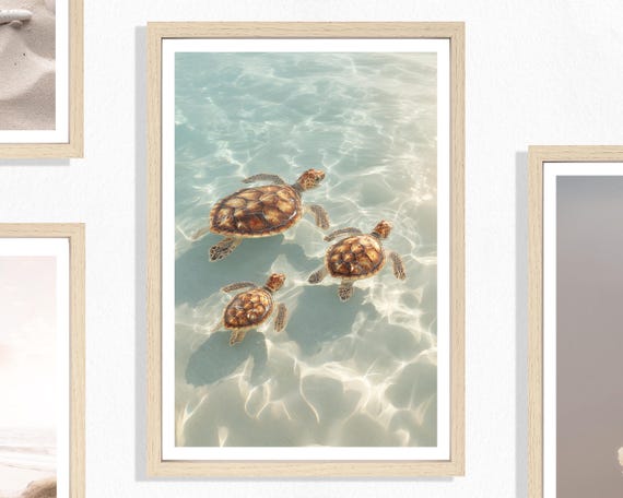 Turtles Print (P), Gentle Sea Turtles, Soft Ocean Wildlife, Natural Coastal Illustration, Calm Beach Artwork, Cute Animal Poster, Nature