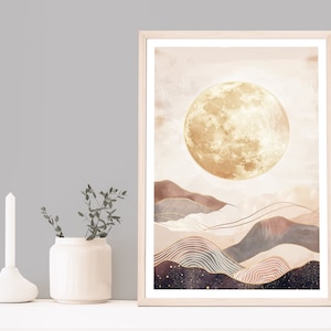 Impresión de la luna, cartel de la luna, arte de la pared de la luna boho, paisaje espacial, cartel rosa, imagen dorada, arte de la luna, crestas, decoración boho, estilo contemporáneo