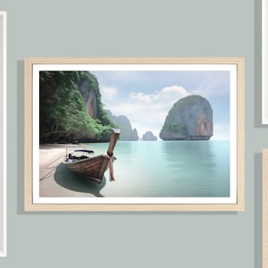 Fishing Boat Print (L), Thailand Beach Poster, Bali Print, Water Beach, Paradise Beach, Fishing Boat, Limestone Cliffs, Tropical Coast