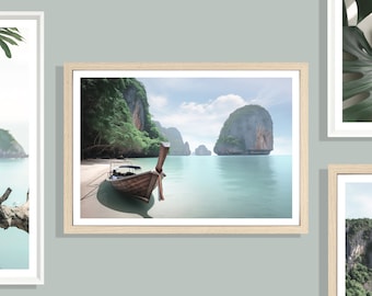 Fishing Boat Print (L), Thailand Beach Poster, Bali Print, Water Beach, Paradise Beach, Fishing Boat, Limestone Cliffs, Tropical Coast
