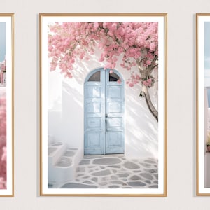 Impresión de puerta de Santorini (P), cartel de puerta griega, costa griega, Mediterráneo, imagen de estilo griego, arquitectura blanca, puerta bonita, flor rosa