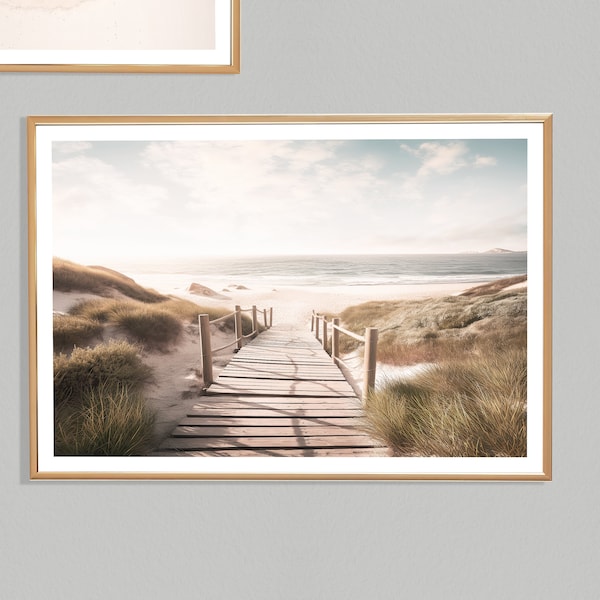 Impression chemin de la plage (L), promenade de la plage, dunes, rivage, vue côtière, plage d'été, soleil, mer, sable, nature, affiche de plage, calme, beige, vert