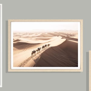 Desert Camels Print (L), Desert Poster, Camel Wall Art, Desert Landscape, Sand, Moroccan Style, Morocco, Golden Sand Print, Camel Decor image 1