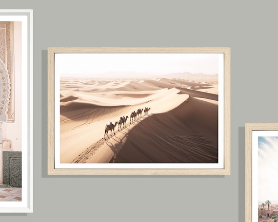Desert Camels Print (L), Desert Poster, Camel Wall Art, Desert Landscape, Sand, Moroccan Style, Morocco, Golden Sand Print, Camel Decor
