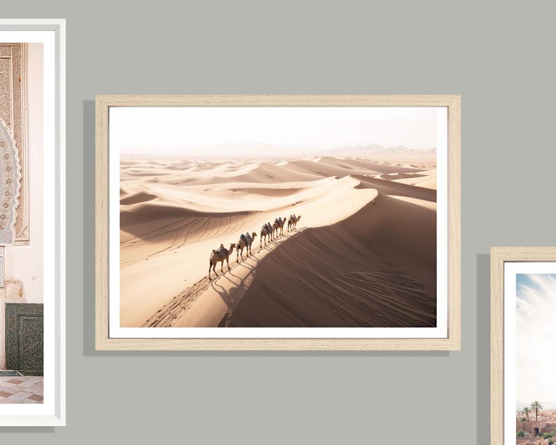 Desert Camels Print (L), Desert Poster, Camel Wall Art, Desert Landscape, Sand, Moroccan Style, Morocco, Golden Sand Print, Camel Decor image 1