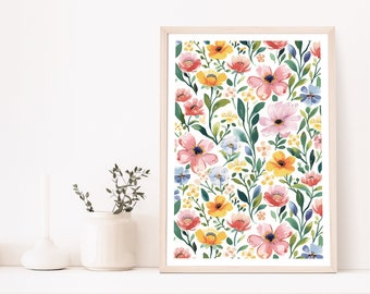 Floral Print, Flower Wall Art, Natural Artwork, Botanical Poster, Summer, Spring, Floral Design, Elegant Plant, Watercolour, Colourful Print