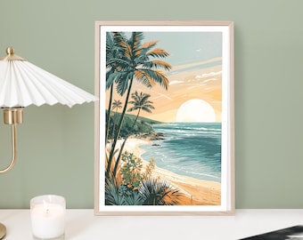 Tropical Beach Print: Palm Tree Sunset, Coastal Wall Art