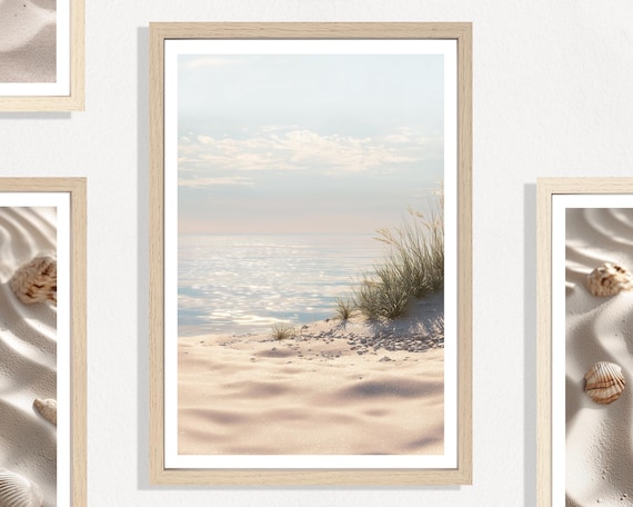 Coastal View Print (P), Calm Ocean Horizon, Soft Beach Landscape, Gentle Shoreline Scene, Natural Coastal Colors, Tranquil Seaside Decor