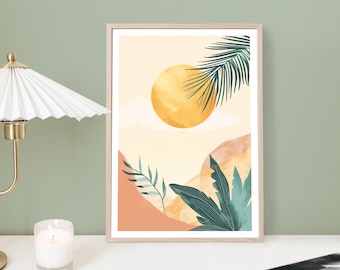 Sun Print 02, Sun Wall Art, Boho Landscape, Minimalistic Picture, Pastel Pink Decor, Sun Poster, Botanical, Plants, Hills, Bright Colours