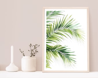 Impresión de hojas de palma 01, hojas tropicales, póster tropical, arte de hojas de palma, decoración botánica, impresión de acuarela, minimalista, hojas verdes, estilo bohemio